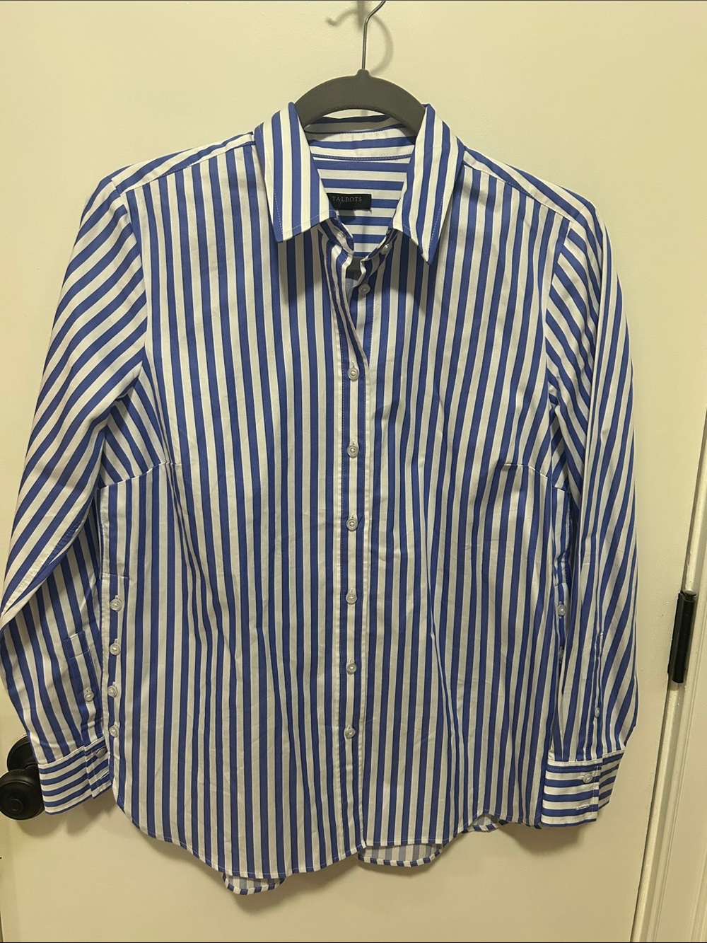 Talbots Blue & White Vertical Stripe Dress Shirt, Small Petite